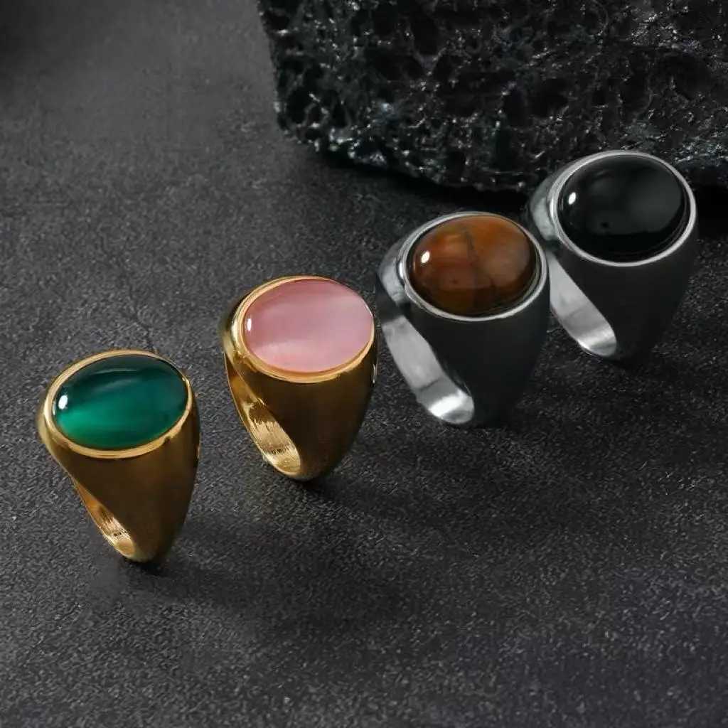 316L Stainless Steel Vintage Black Pink Green Stone Ring For Women Men 2025 New Fashion Jewelry Accessories 6-12 Big Size XJ250802