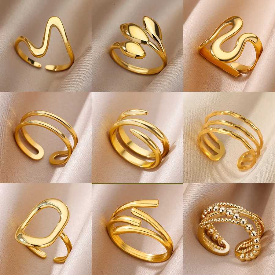 316L Stainless Steel Rings for Women Gold Color Multilayer Geometric Open Ring Vintage Waterproof Wedding Aesthetic Jewelry Gift XJ250802
