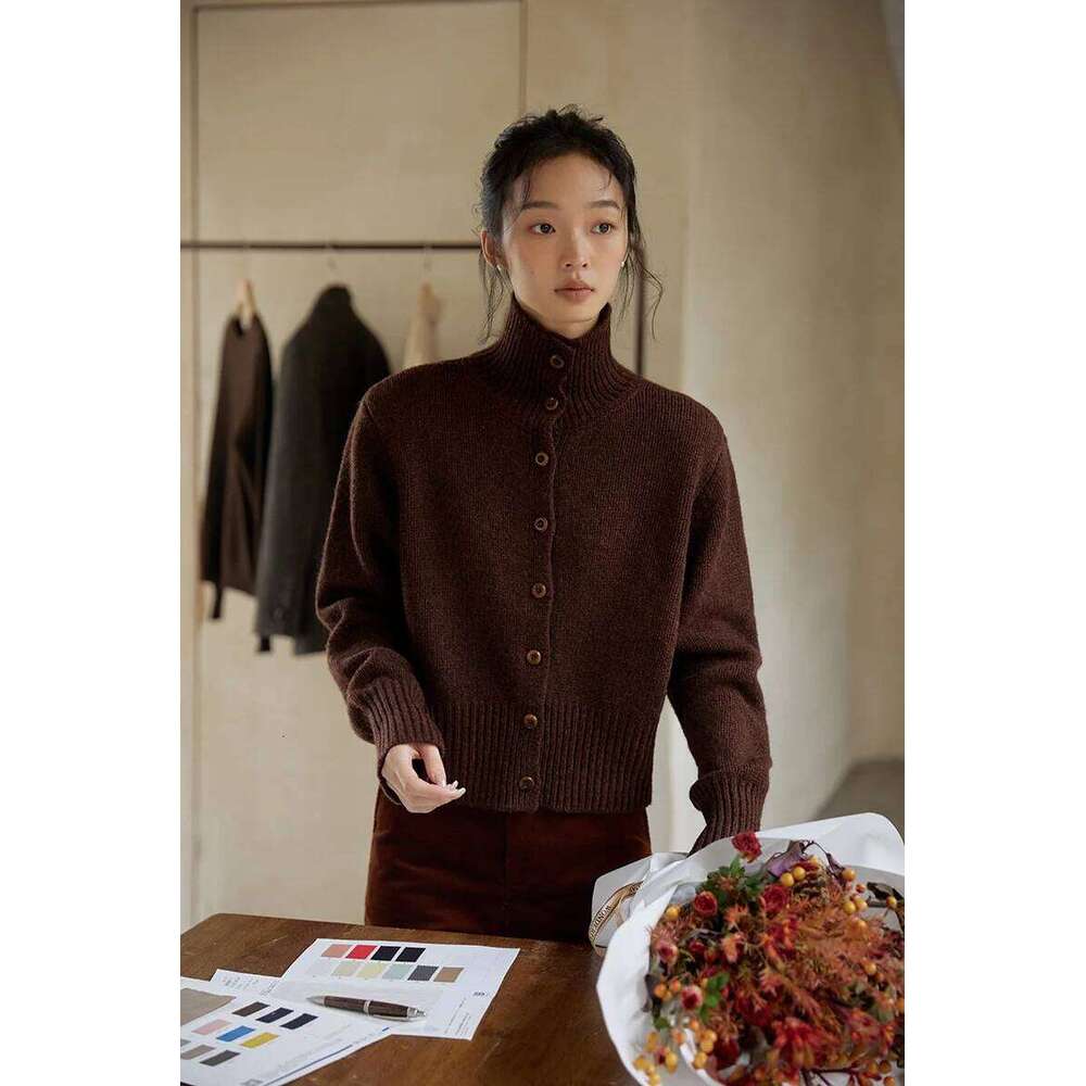 Women's Merino Jacket Autumn And Winter High Neck Multi Button Sweater Luxurious Wool Knitted Top Cardigan MDNG