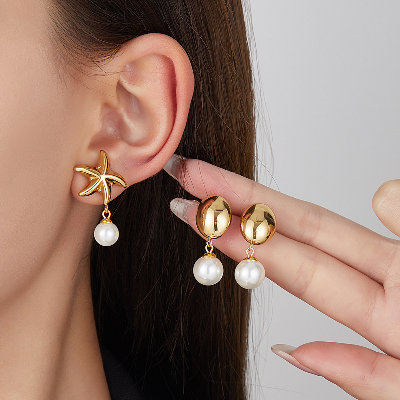 Women's Starfish Dangle Earrings, Japanese Korean Style Pearl Sea Star Jewelry - Stainless Steel Gold-Plated Coastal Accessories for Summer Beach Va