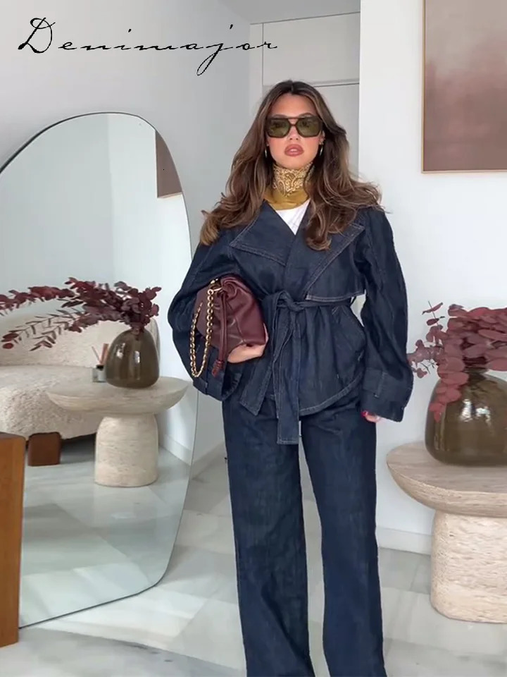 Retro Denim Jacket Pants Sets Women Notched Belt Long Sleeved Coats Straight Leg Jean Female 2025 Spring High Street Lady Outfit 250728