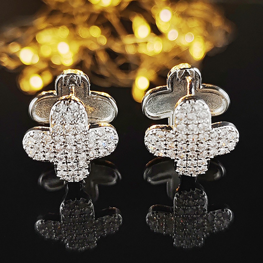 Fashion Designer Earrings Lucky Grass Design Diamond Earrings Luxury Two Sided Style 18k Gold Plated Earings Woman Brass Jewelry Gifts