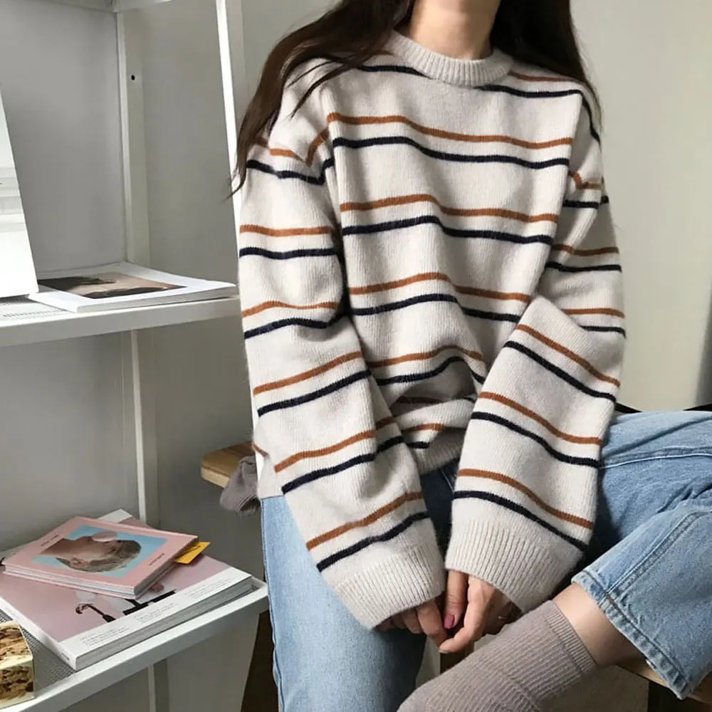 Women Pullovers CrewNeck Knitted Jumper Student Striped Sweater Aesthetic Outfit 250801