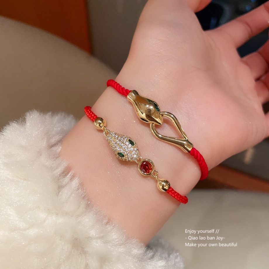 Gold Tone Snake Head Red Cord Bracelets Green Eye Accent Adjustable Sliding Knot Lucky Daily Jewelry And Gift For Her High Quality And Stylish Jewel