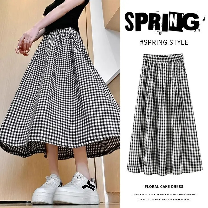 Black White Checkered Aline Skirt Women Summer Lightweight High Waisted Long for Petite Slimming Casual 250801