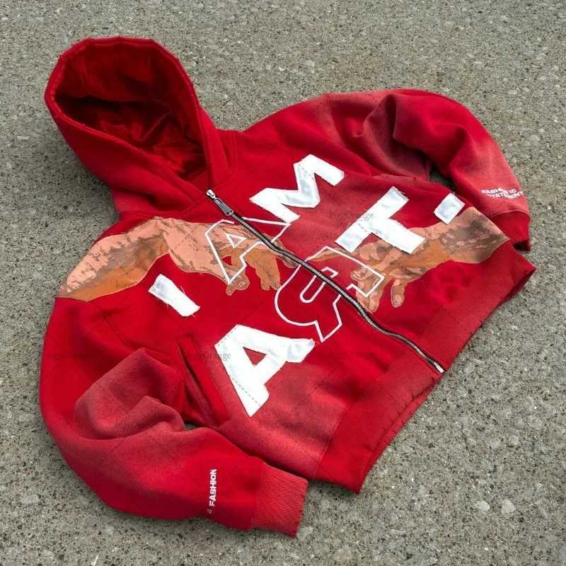 Hip-Hop Trendy Streetwear Y2K Harajuku American Retro Letter Print Zipper Hoodie Mens Punk Casual Colorful Oversized Sweatshirt X250802