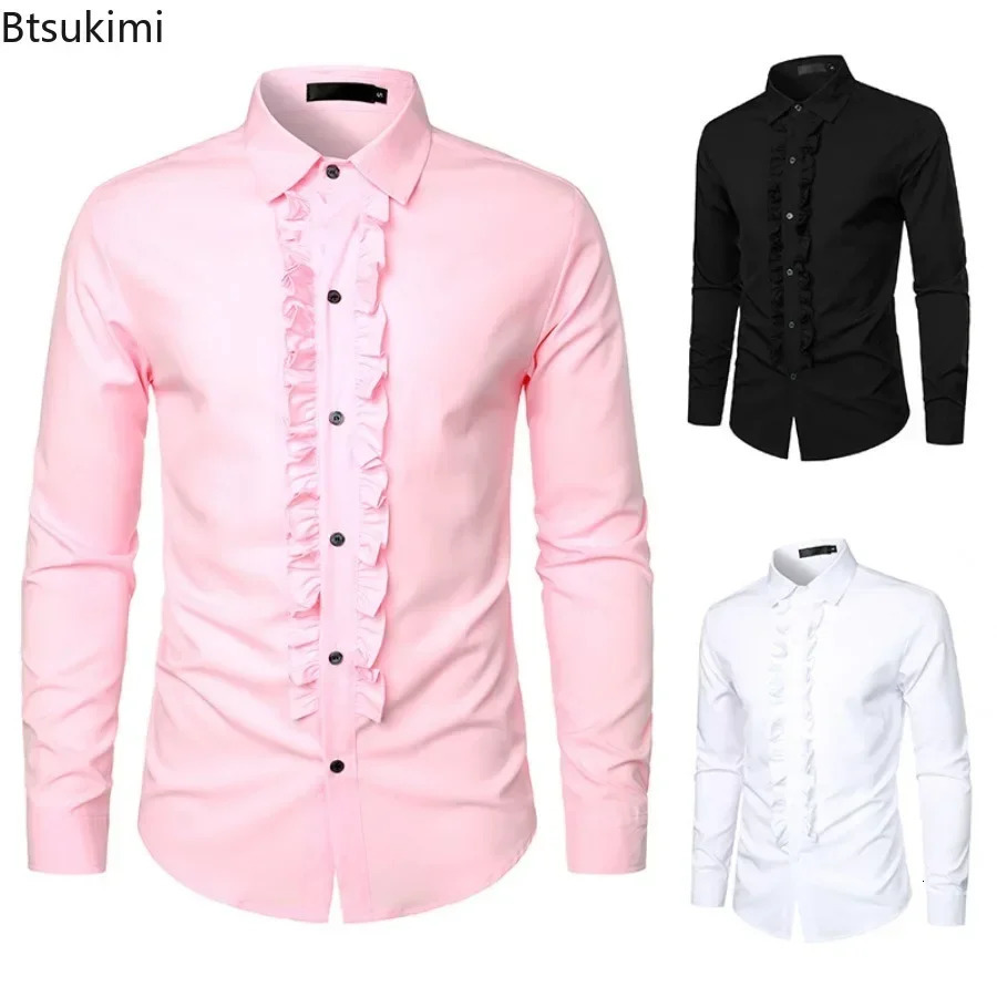 Mens Long Sleeve Tuxedo Shirts Fashion Party Wedding Male Dress Shirts Ruffle Pleated Solid Shirt Chemise Homme 250801