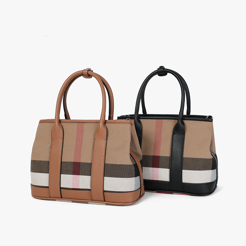 2025 New European And American Retro Women's Canvas Plaid Bag Litchi Texture Handbag Large Capacity Multi Functional Commuter Bag Single Should