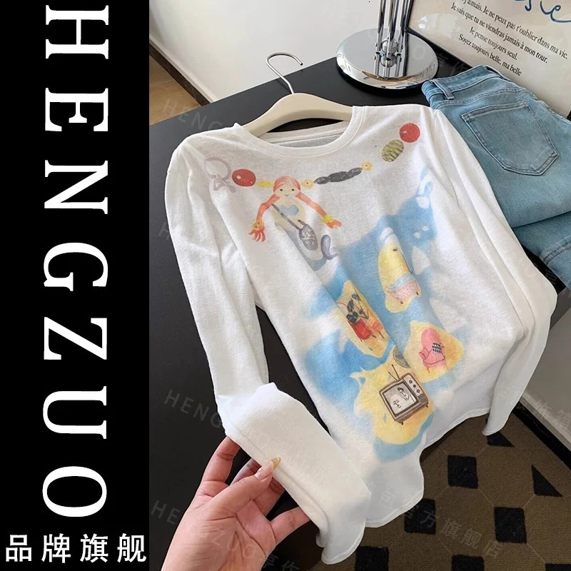 American Style Youthful Cartoon Graffiti Long Sleeve Sun Protection TShirt for Women Spring and Summer 250801