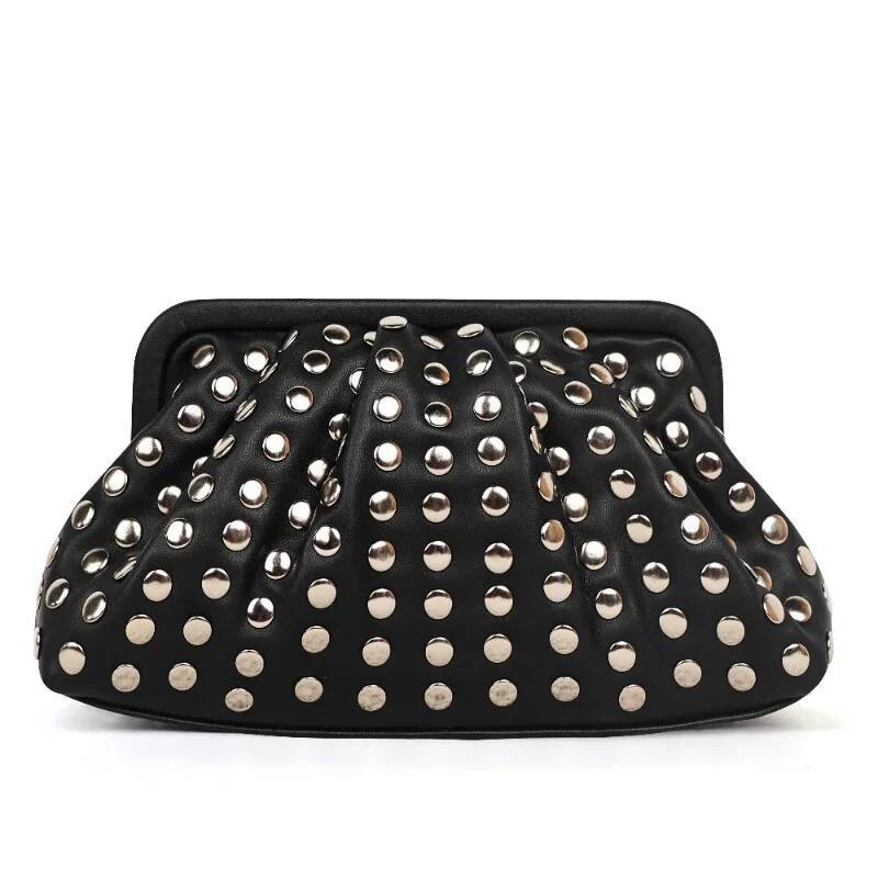 Distinctive Design Clutch Purse For Women New In Black Soft Faux Leather Fashion Rivet Magnetic Buckle Shell Shape Wallet