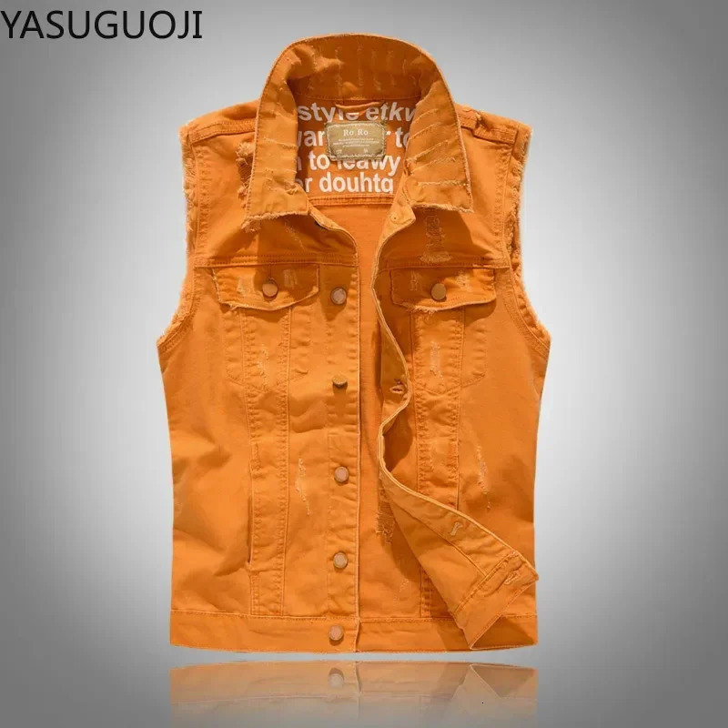 Streetwear Fashion Orange Slim Fit Ripped Stretch Denim Vest Men Fringe Holes Distressed Sleeveless Jeans Jacket Mens Waistcoat 250801