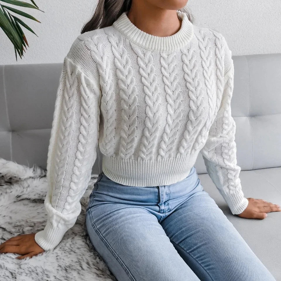 Crop Cable Knit White Sweater Long Sleeve Crew Neck Pullover Women Jumper Soft Girls Autumn Winter Thick Warm Knitwear 250801