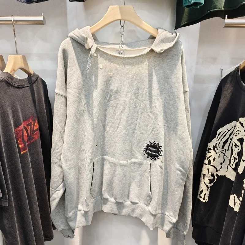 Saint Mens Retro Distressed Pullover Hoodie Loose Casual Sweatshirt Streetwear Fashion X250802