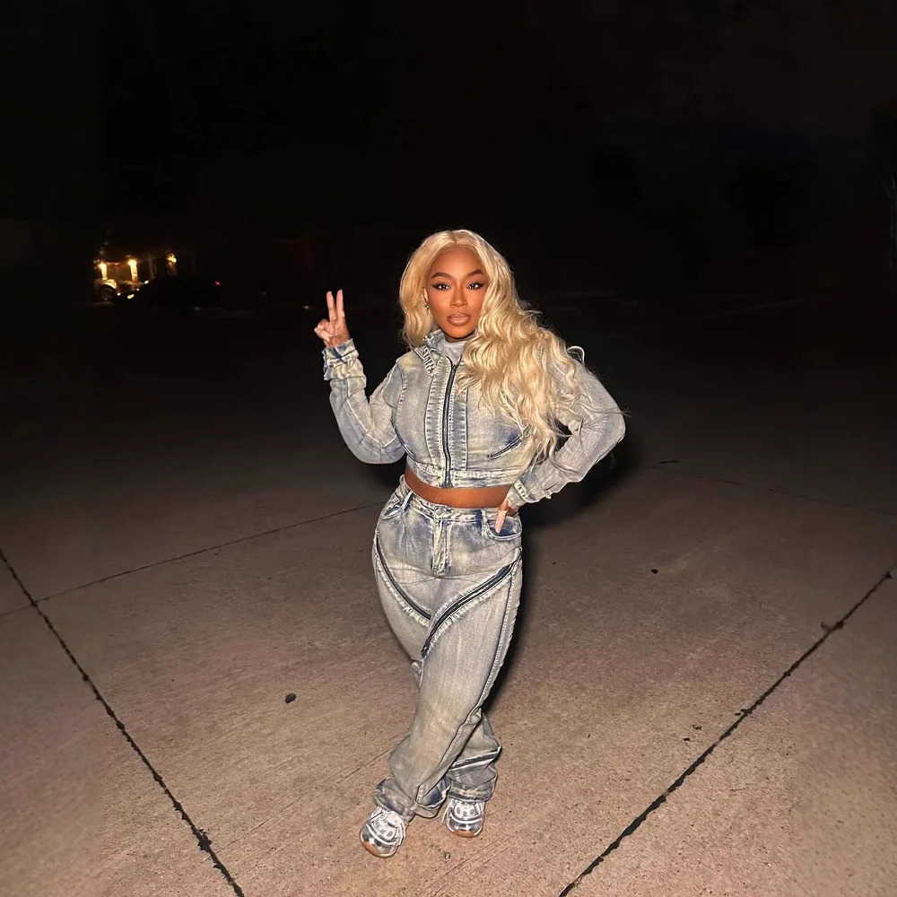 Denim Jacket Suit Women Streetwear 2 Piece Sets Coat Zipper Pockets Straight Jeans Washed Stretch Ensemble 2025 Female Outfits 250728