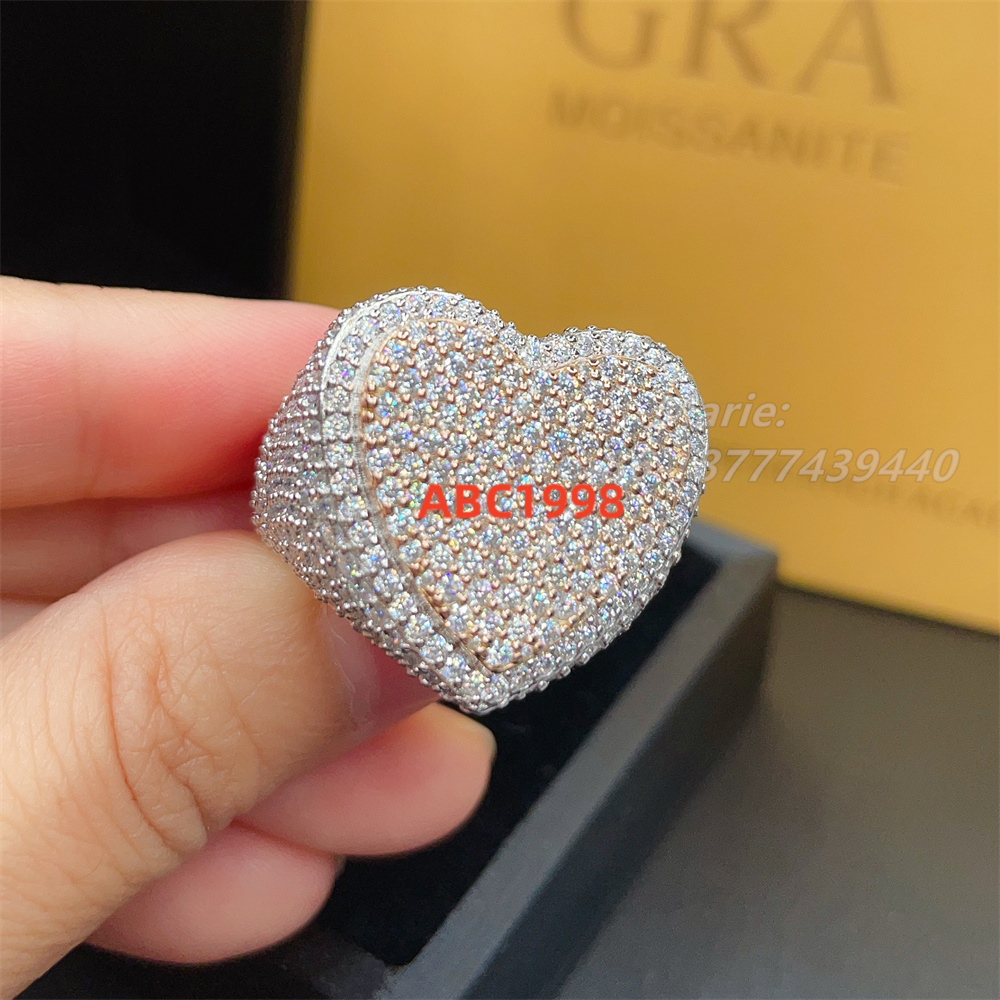 Luxury Fully Iced Out Jewelry 925 Sterling Silver With Vvs Moissanite Jewelry Heart Shape Men Gold Ring S925 Men Diamond Ring