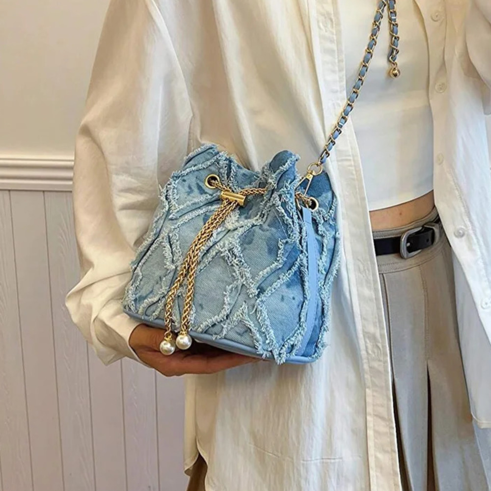 Evening Bags Fashion solid color plaid vintage denim crossbody bag pull rope open and close suitable for womens daily travelll AA
