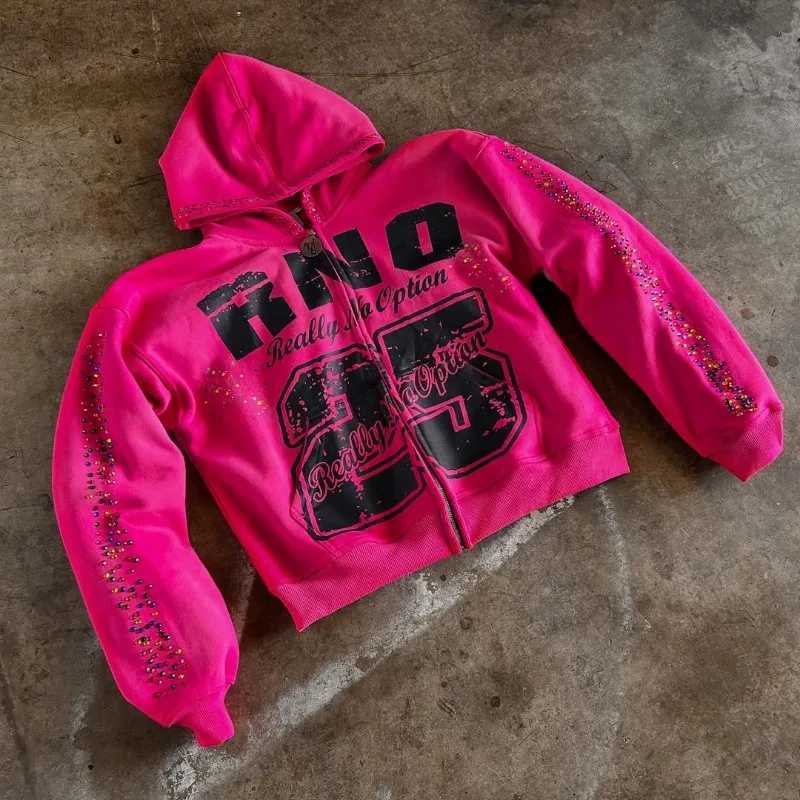 High Street Fashion Casual Loose Zipper Hoodie Men Y2k Diamond Letter Print American Harajuku Retro Oversized Sweatshirt Women X250802