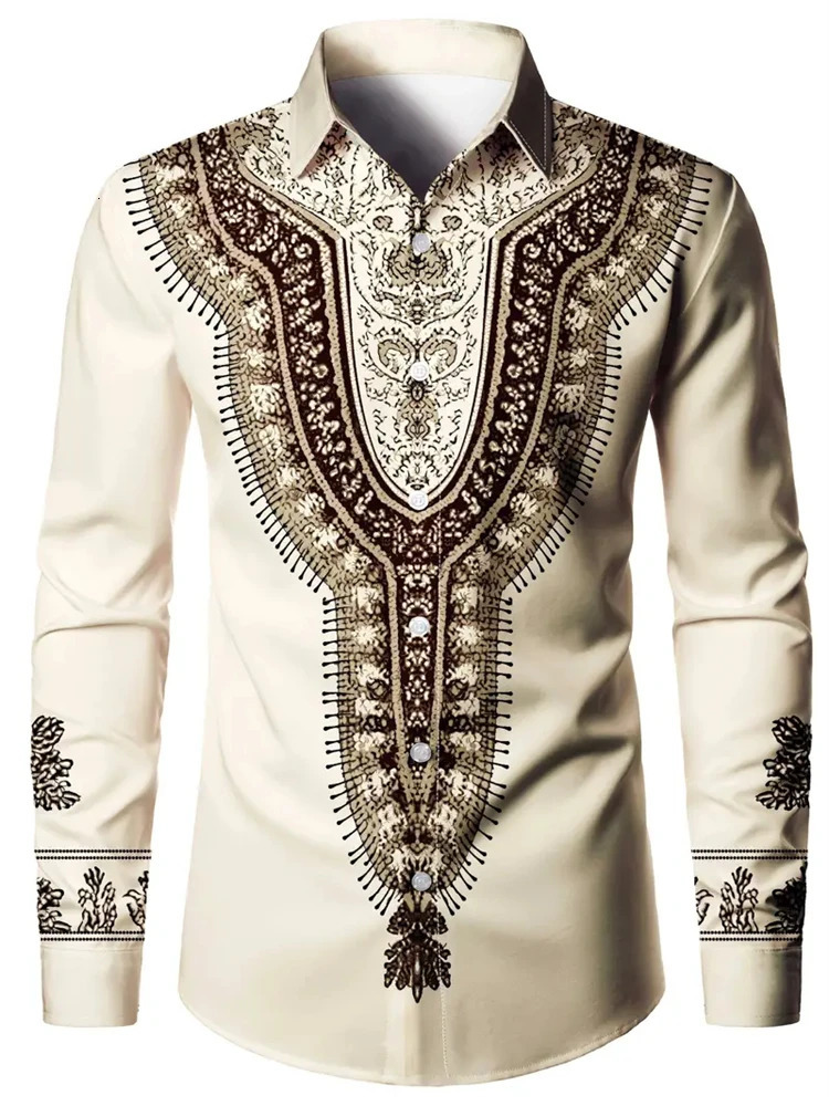 Mens Retro Fashion Classic Shirt Four Seasons Essential Casual Lapel Button Down Shirt Mens Ethnic Print Party Shirt 250801