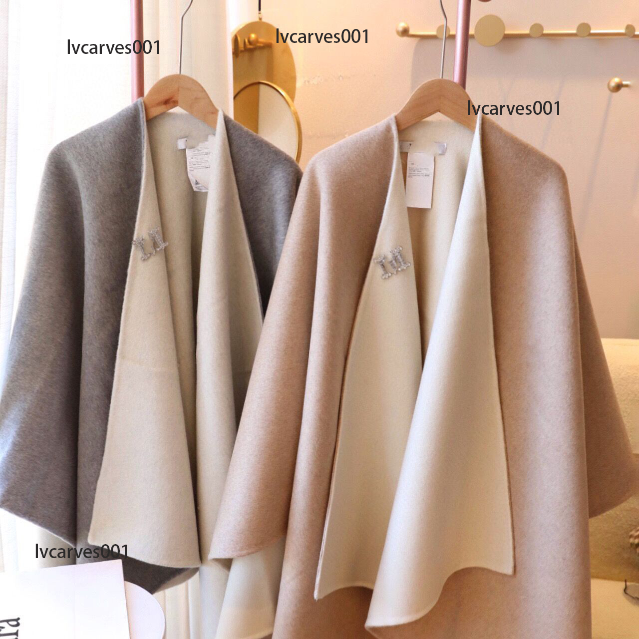 Designer cashmere cloak lady High Version with M Letter Pin, Double-Sided Two-Tone Solid Color Cashmere Shawl Coat for Women, Winter Wool Cape