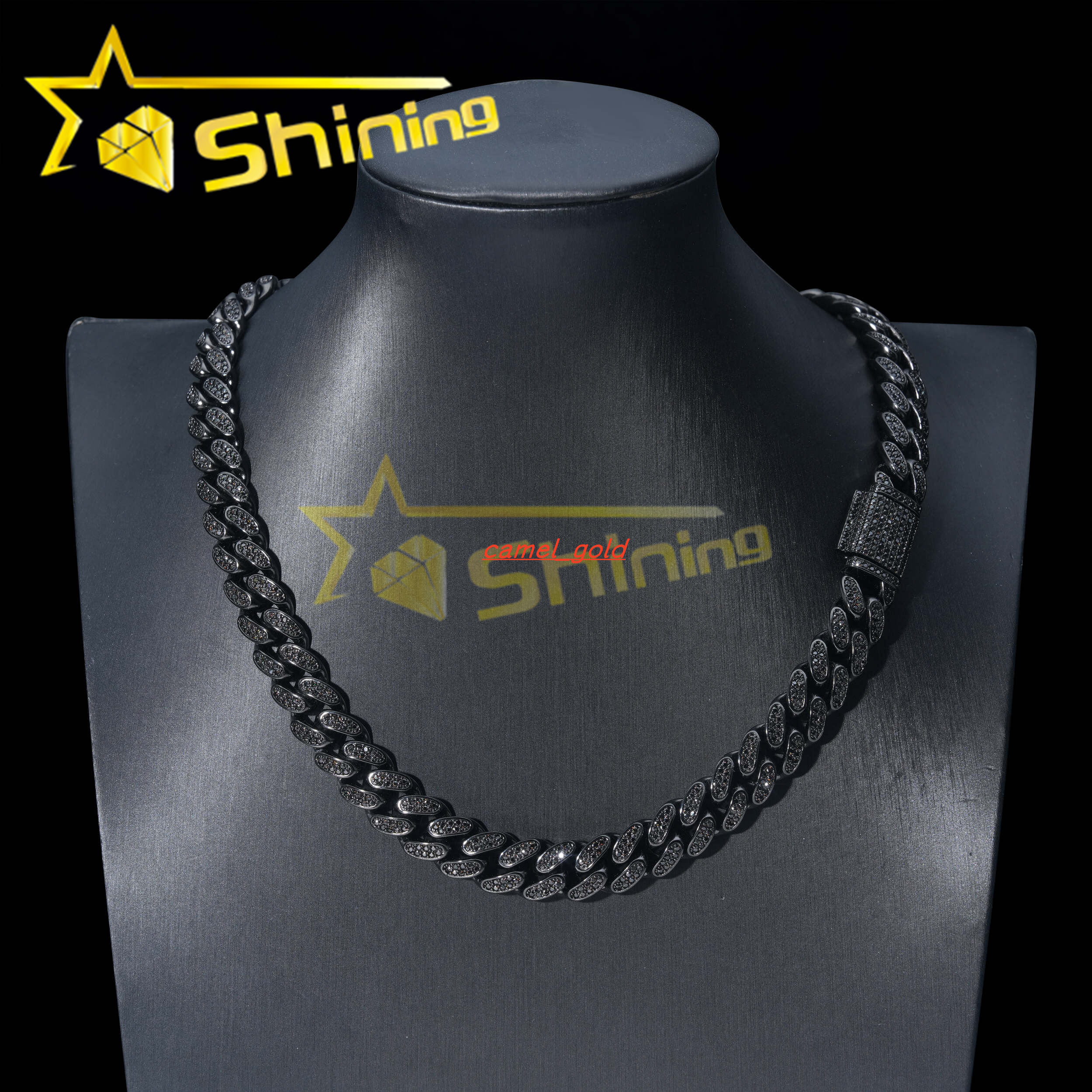 Custom 12mm Cuban Chain Sterling Silver 925 Black Moissanite Luxury Cuban Link Chain Prong Set Hip Hop Jewelry