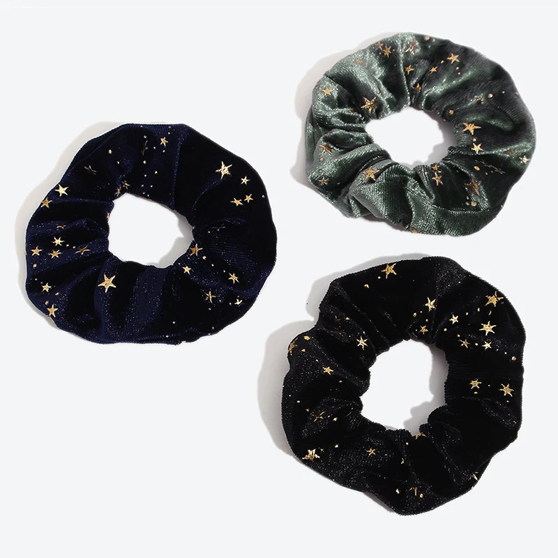 ROXI | Black Velvet Scrunchies for Women and Girl Korean Gold Star Elastic Hair Bands Ponytail Style 250729