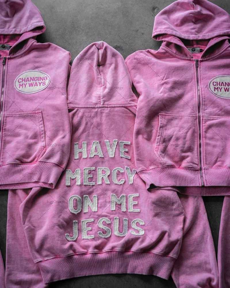 2K Harajuku Pink Zipper Hoodie American Retro Letter Embroidery Oversized Sweatshirt Men Hip-Hop Trend Streetwear Casual Jacket X250802