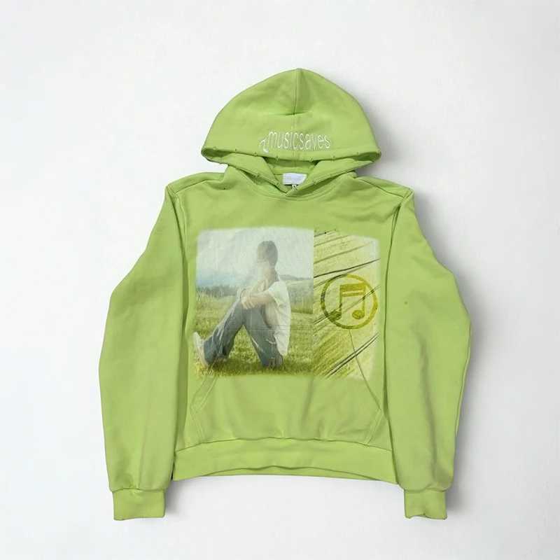 2K Fashion Trend Hoodie Oversize Retro Music Themed Graphic Printing Green Pullover Hoodie Men Women Casual Comfort Streetwear X250802