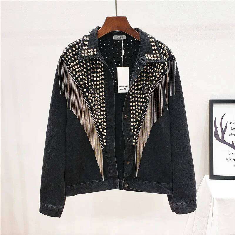 Rivet Tassel Denim Jackets Women Korean Fashion Loose Long Sleeve Short Outerwear Black Blue Jeans Jacket Coat Female Streetwear