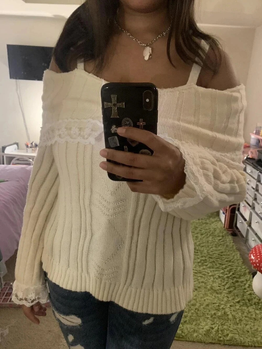 Femmes à manches longues Contraste en dentelle en tricot pull d'automne d'hiver Cold époux d'épaule à nœud baissier