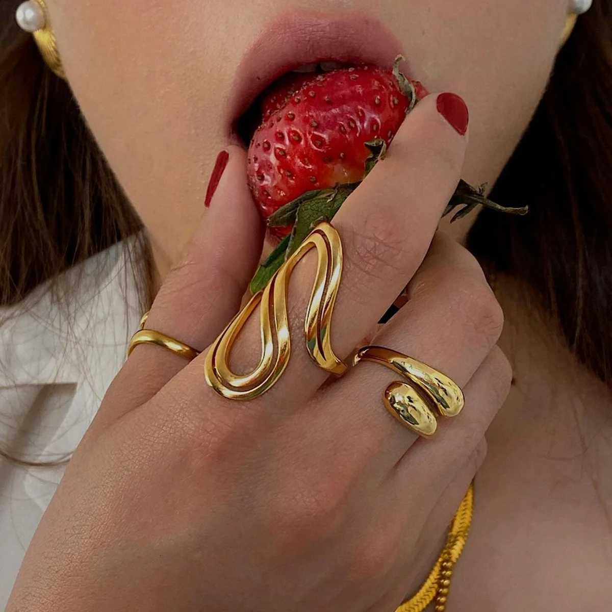 18k Gold Plated Stylish Unique Simple Double S-shaped Opening Ring Stainless Steel Women Anti-Allergenic Waterproof Jewelry XJ250802