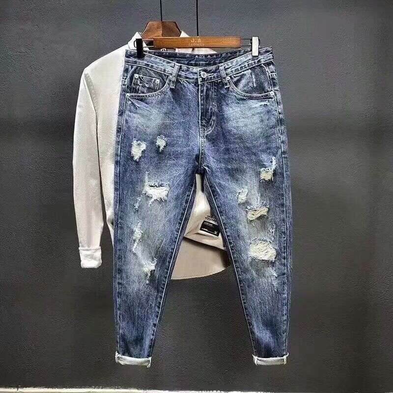Clothing Ripped Jeans Slim Fit Skinny Nine-Point Brand Spring New Light Color Korean Style Trendy Casual Men's Pants