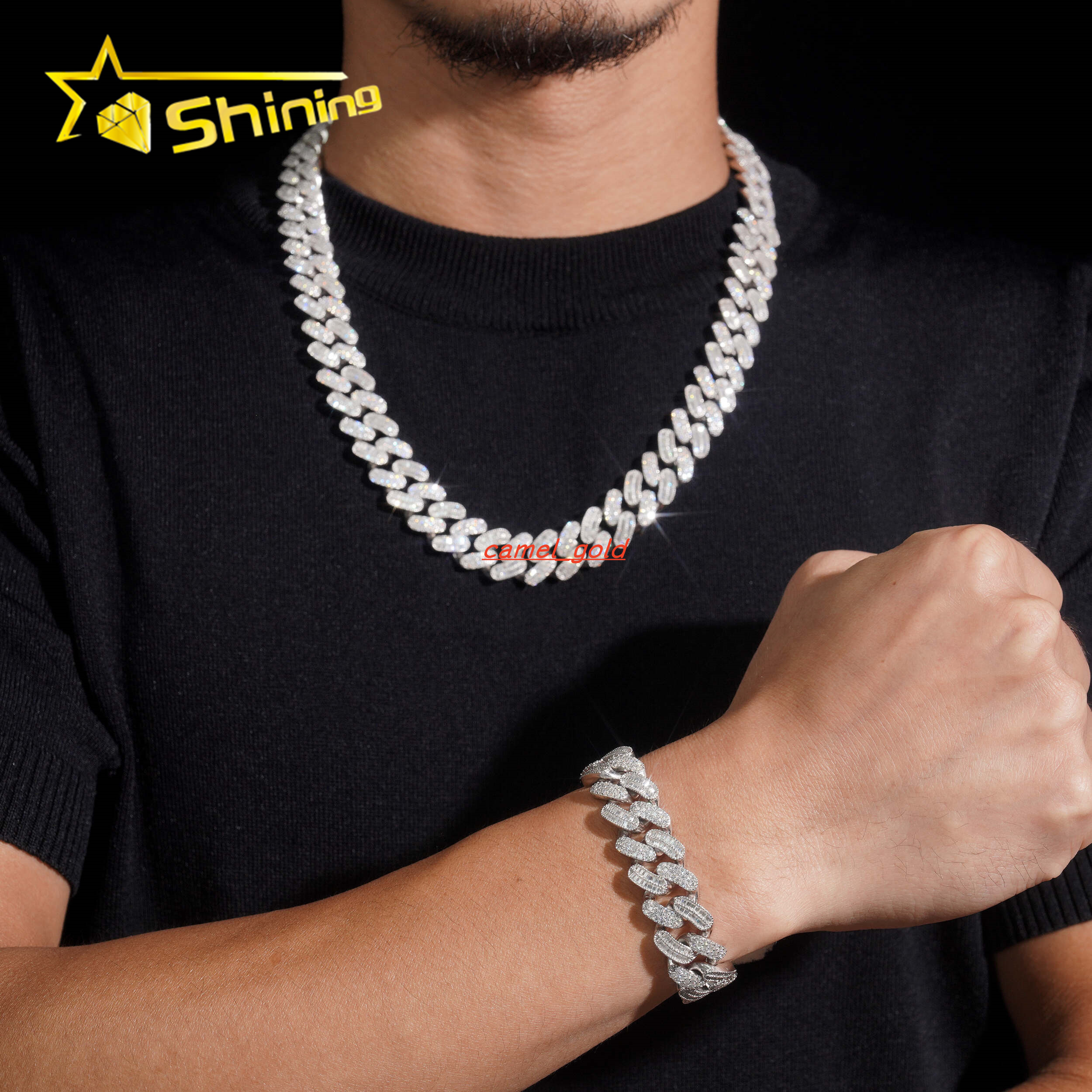 925 Silver Hot Sale Buagette Moissanite 15mm Necklace VVS Iced Out Moissanite Pass Diamond Test Hip Hop Cuban Link Chain