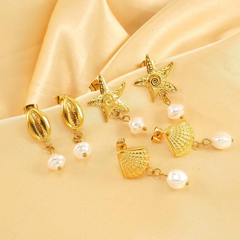 Stainless Steel Dangle Earrings, Japanese-Korean Style Crab Starfish Scallop Charms, Gold-Plated Titanium Metal with Shell and Pearl Accents, Women'