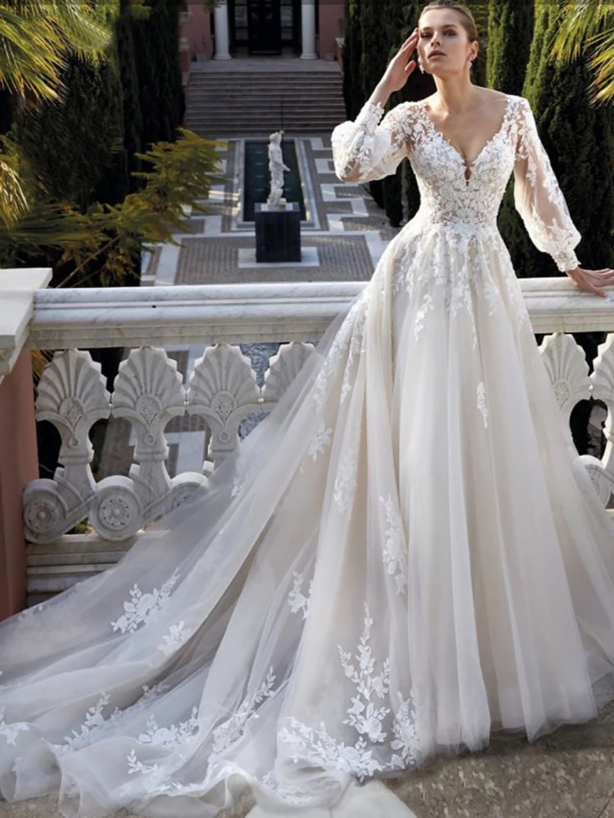 Modest Long Sleeve Wedding Dress Classic Lace Appliques Bride Robe Elegant A-line Long Bridal Gown Customized Robe De Mariee