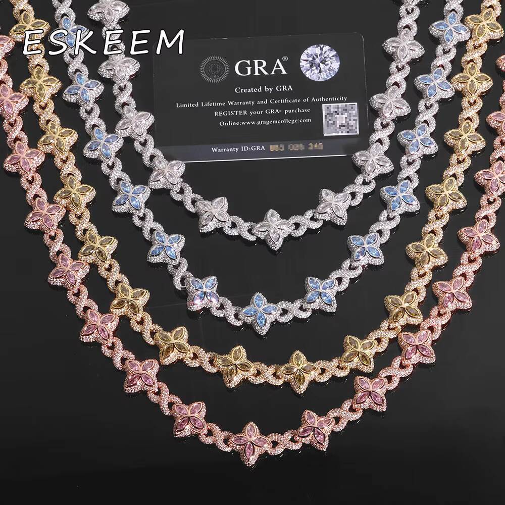 Luxury 925 Silver Chain Colored Moissanite Iced Out Cuban Link Necklace Four Leaf Clover Design Hip Hop Jewelry for Women