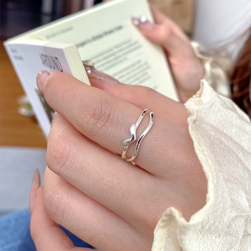 2025 New Retro S925 Silver Double Designer Jewelry Wedding Ring Layered Heart Irregular Ring, Elegant Ladies' Style, High-end Lines Simple Hear