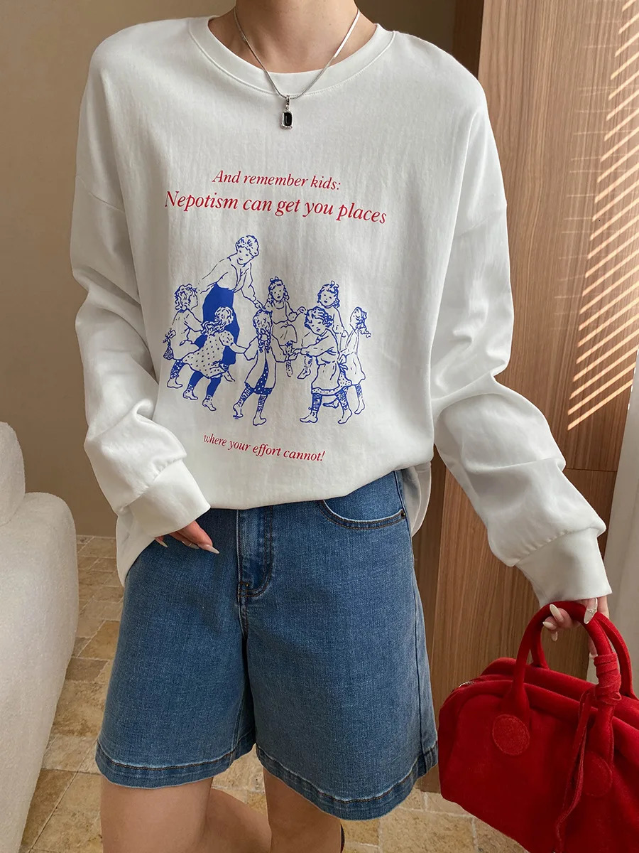 Spring and summer womens casual letter printed round neck long sleeved loose T-shirt 250728