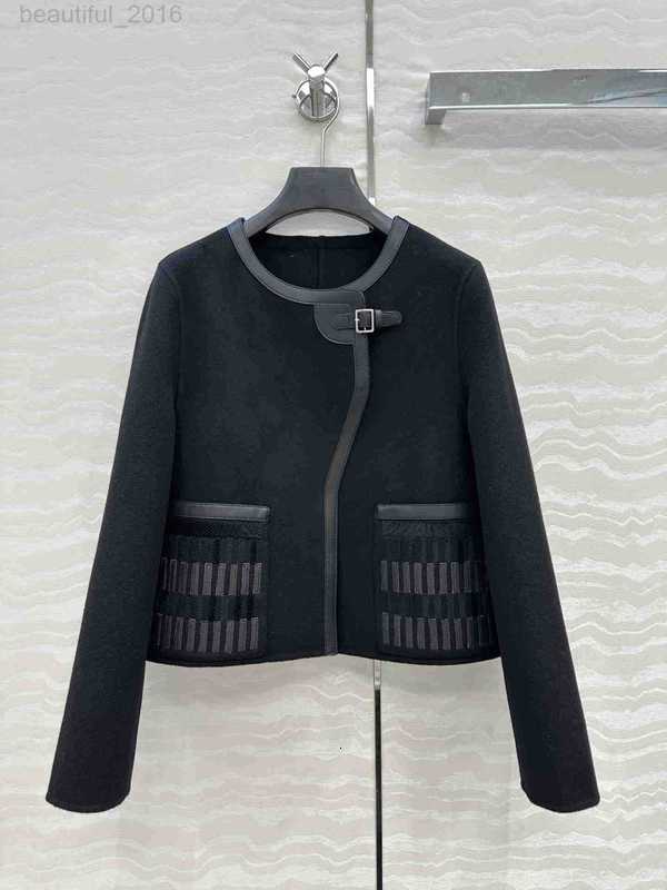 Women's Jackets designer H Winter Autumn Equestrian Jacket Double-sided Cashmere Coat 100% Sheepskin Patchwork Embroidered Pockets PVP9