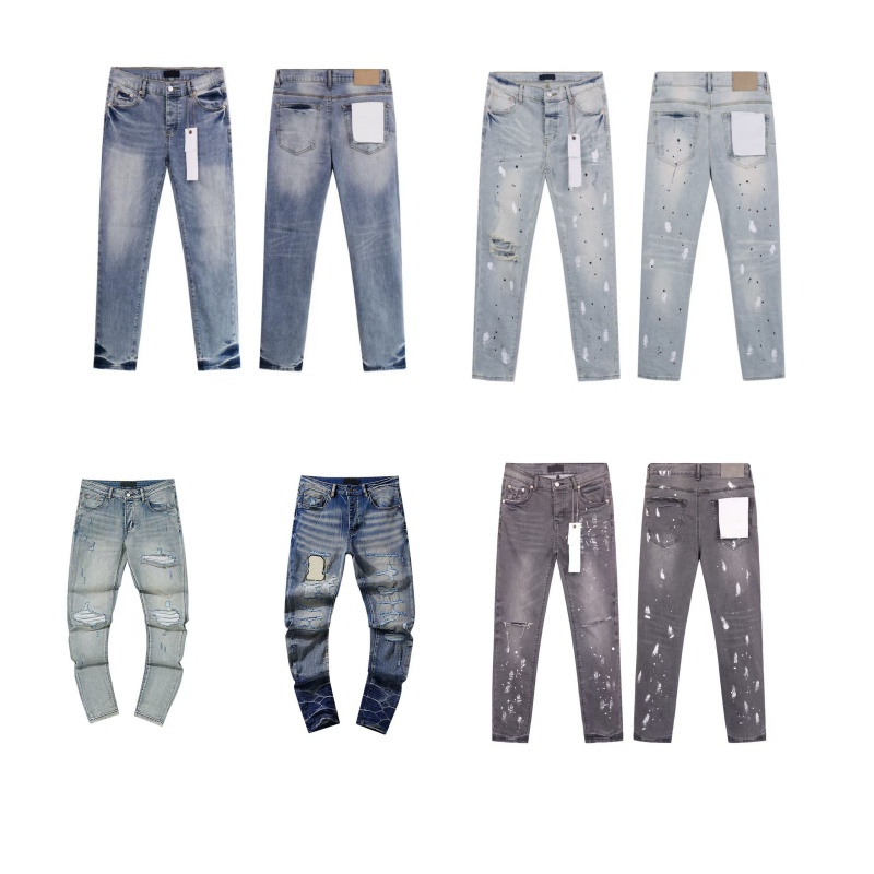 Fashion men jeans designer jeans high street splashed ink hole patch trend retro hi hop mens pants straight leg jeans trend man casual pants