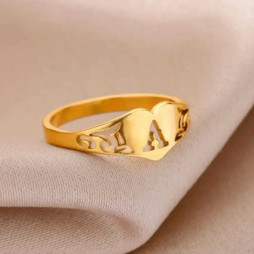 Fashion Hollow Initial Letter Heart Rings For Women Gold Color Stainless Steel A-Z Letter Ring Aesthetic Wedding Jewelry Gift XJ250802