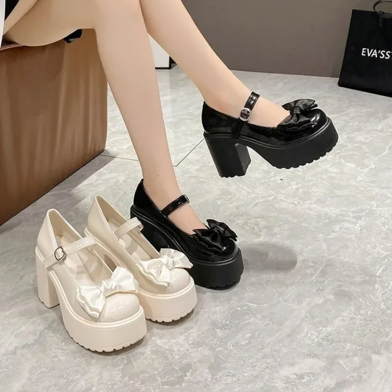 White Round Toe Platform High Heels Women Mary Jane Shoes Retro Bows Elegant Chunky Heel Womens Wedding Shoes 250730