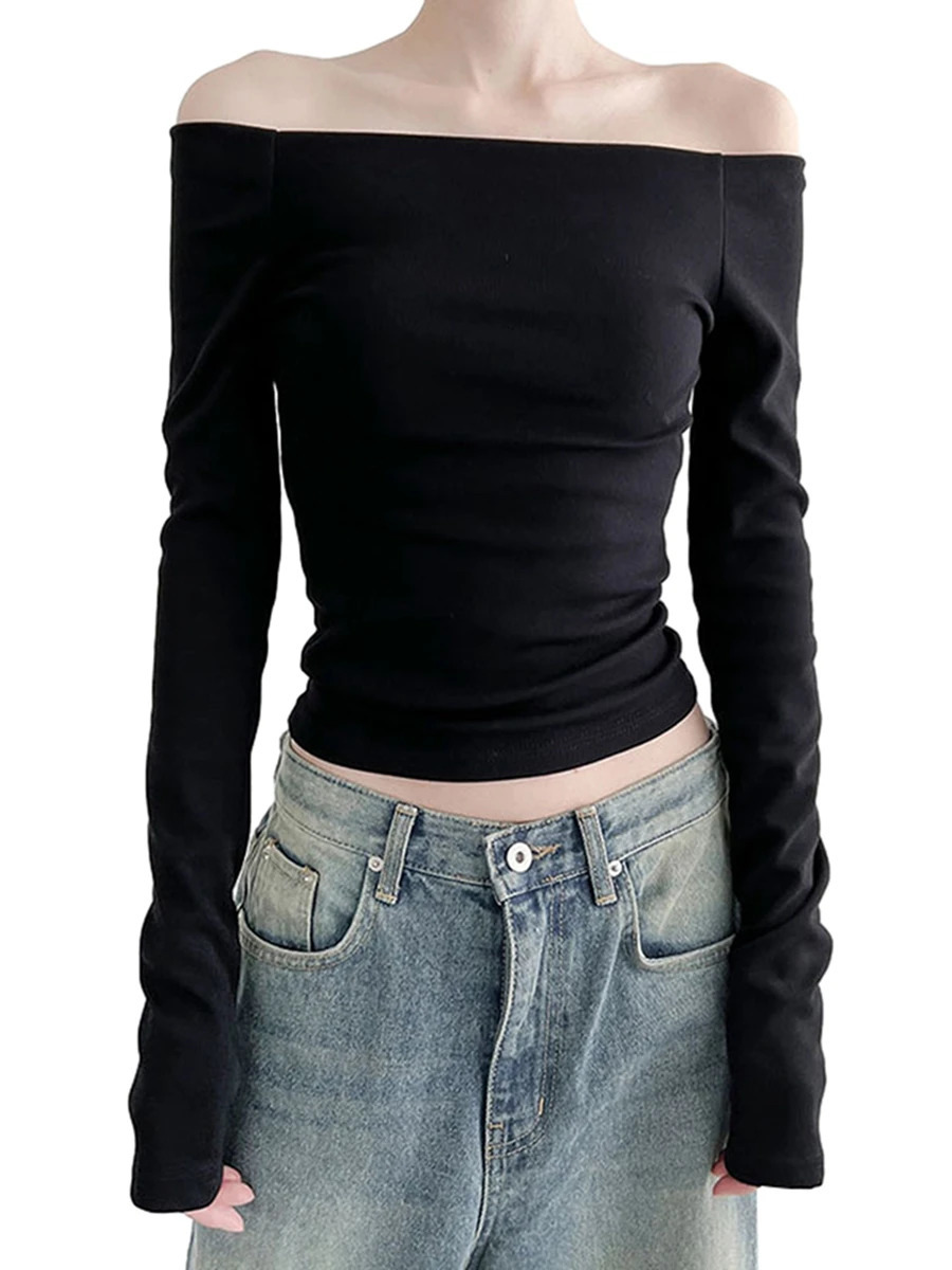 Femmes Couleur solide Tshirts Col de bateau à manches longues sur les chemises d'épaule Spring Fit Fit Tops Streetwear 250801
