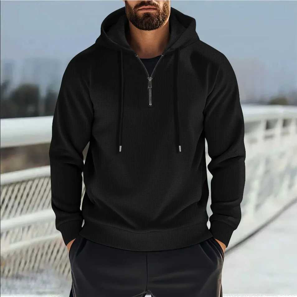 2025 New Style Mens Autumn Fashion Hooded Collar Half-Zip Outdoor Casual Solid Patterned Waffle-Style Sporty Mens Sweatshirt X250802