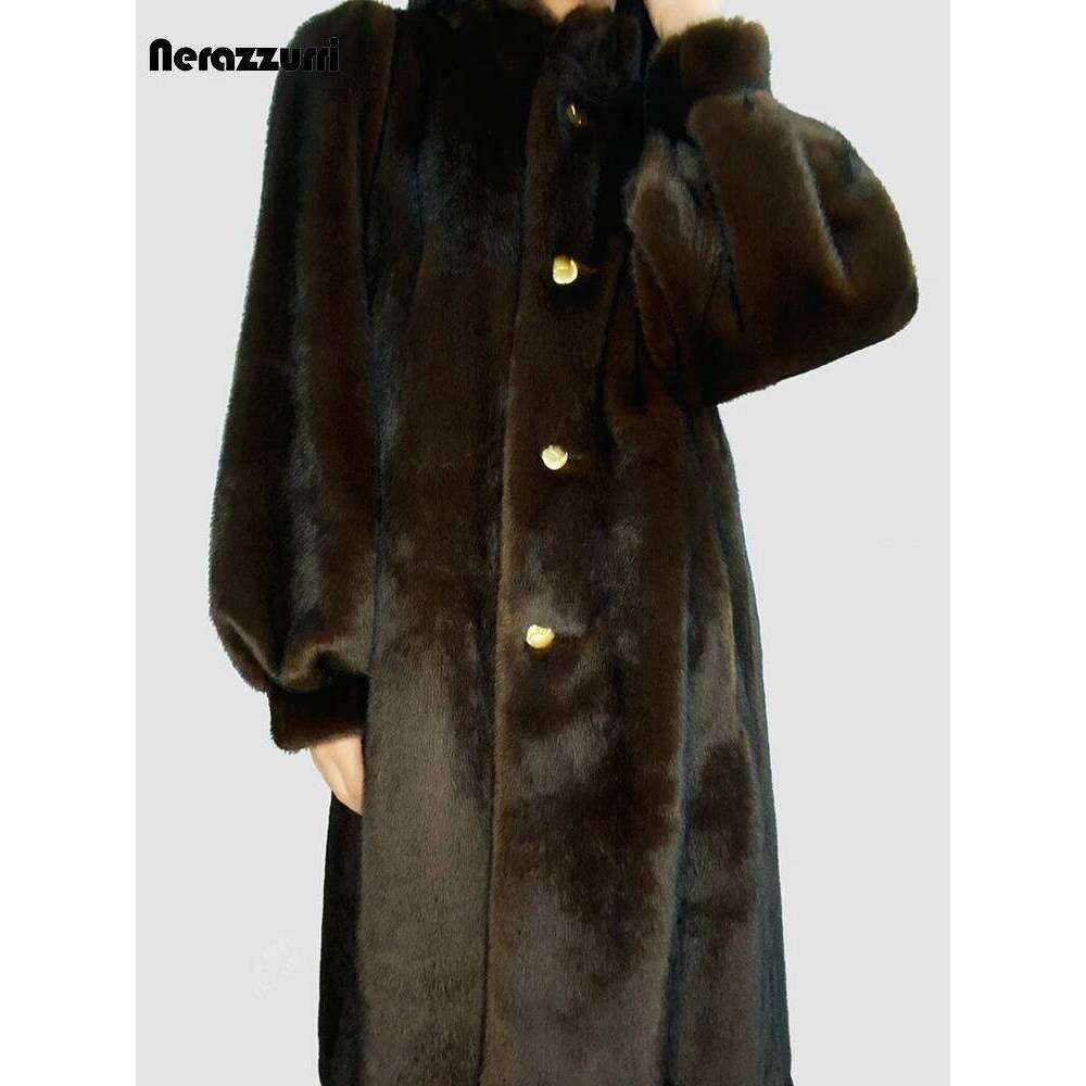 Nerazzurri Winter Long Thick Warm Brown Soft Fluffy Faux Mink Coat Women Puff Sleeve Button Elegant Chic Fur Overcoat