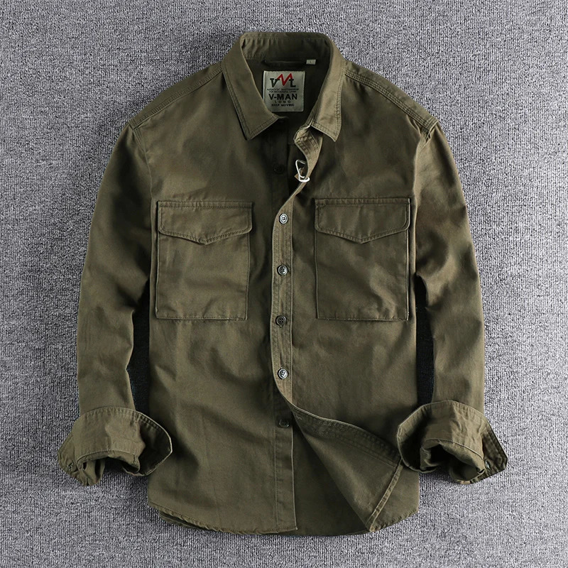 Autumn 204 khaki retro wash solid color work shirt mens three-dimensional pocket trend loose jacket250801