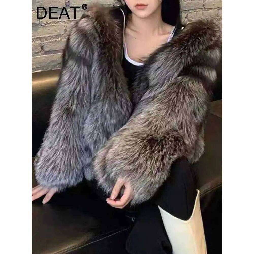 DEAT Fashion Warm Solid Color Faux Fur Coat Women 2024 Autumn New Hooded Long Sleeve Zipper Thicken Clothes Female 15C567