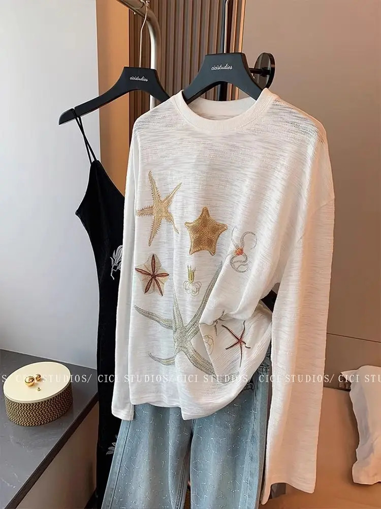 Star Rignestone Imprimé à manches longues Tshirt Femmes Summer Chic Style Lazy Casual Slimming Loose Sun Protection Top 250801