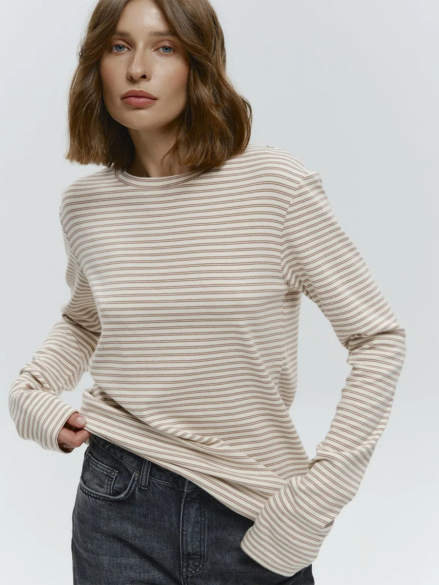 Bornladies Autumn Fashion Women Cotton Striped Long Sleeve T Shirt Office Casual Simple Round Neck Pullover Tops Tees 250801