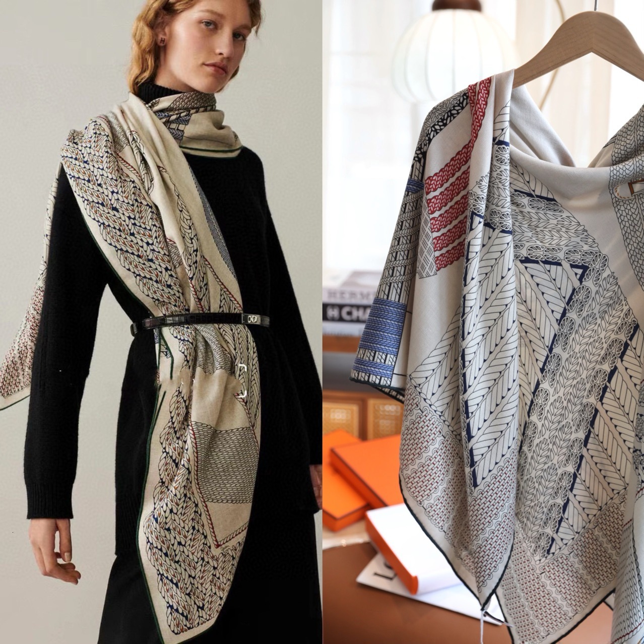 H Designer Silk Cashmere Scarf Women large shawl Tressage Dressage High-end Silk Wool Women's Autumn and Winter Large Square Scarf 140 Shawl