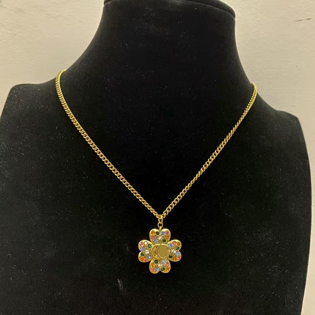 Luxury designer colored diamond pendant necklace for women, high quality 14k gold brass sweater chain for party and birthday gifts jewelry
